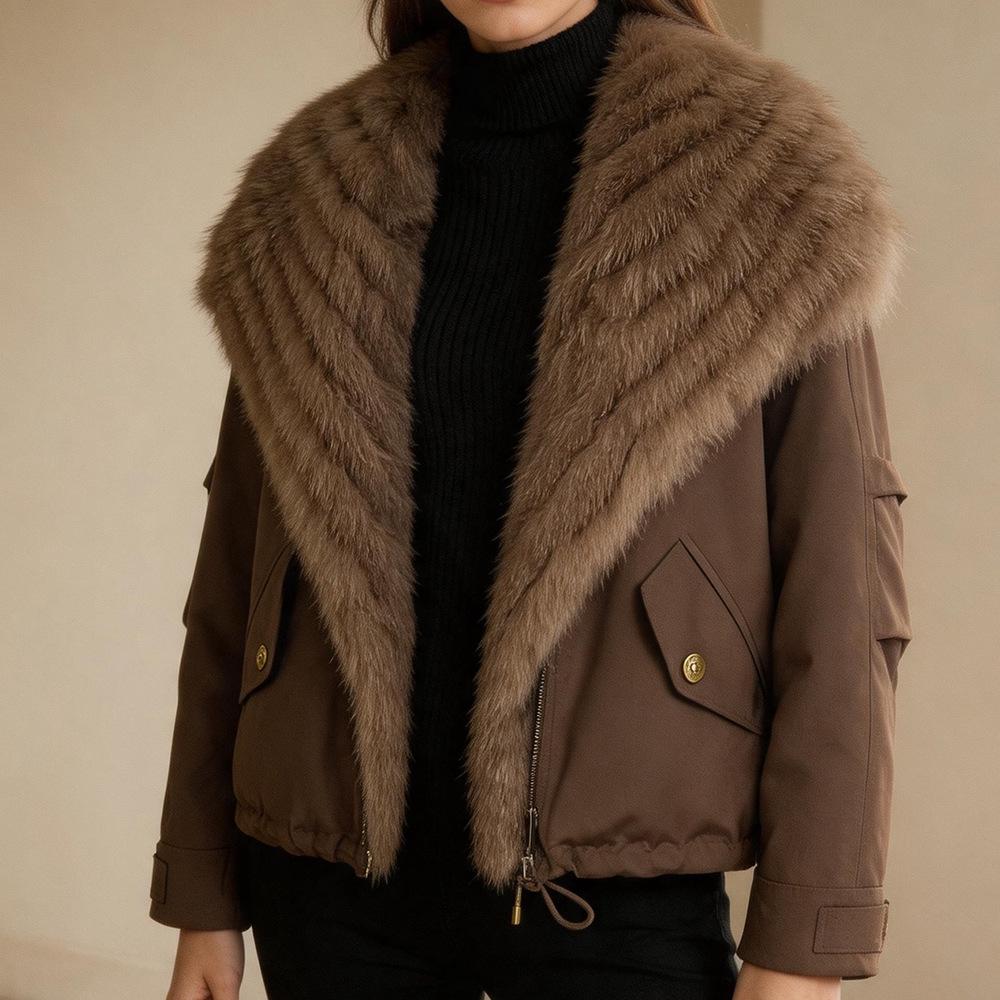 Women's White Duck Down Leather Coat with Fox Fur Collar and Lapel
