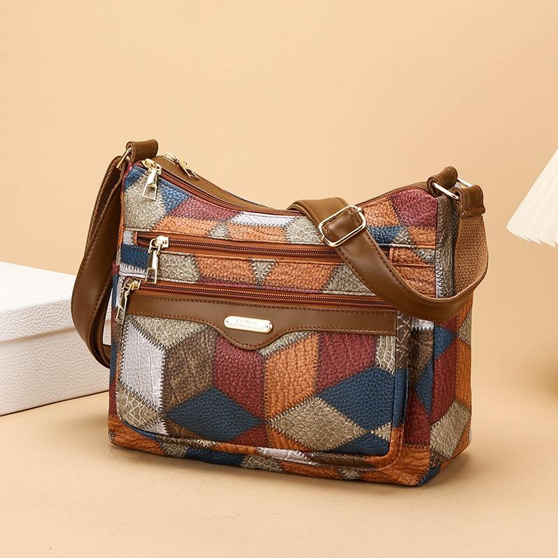New Chinese Mother Messenger Bag Three-dimensional Splicing Contrasting Color Women's Fashion Bag Multi-layer Zipper Shoulder Women's Bag