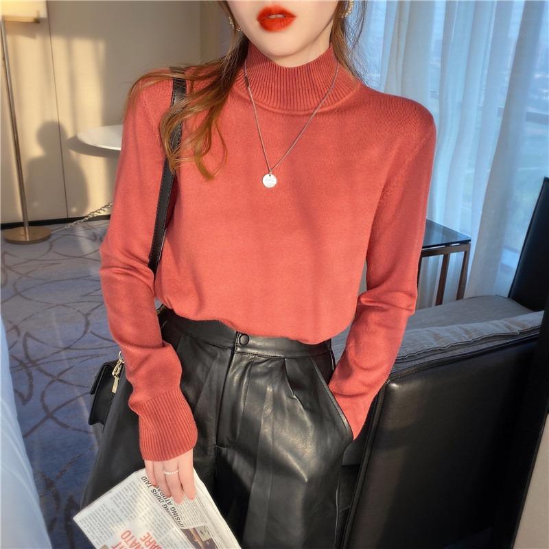 Autumn and Winter Pullovers Sweaters Women Fashion Loose Half High Neck Base Women Knitted Sweater Tops Elegant Solid Simple Ladies Knit Jumper 25730