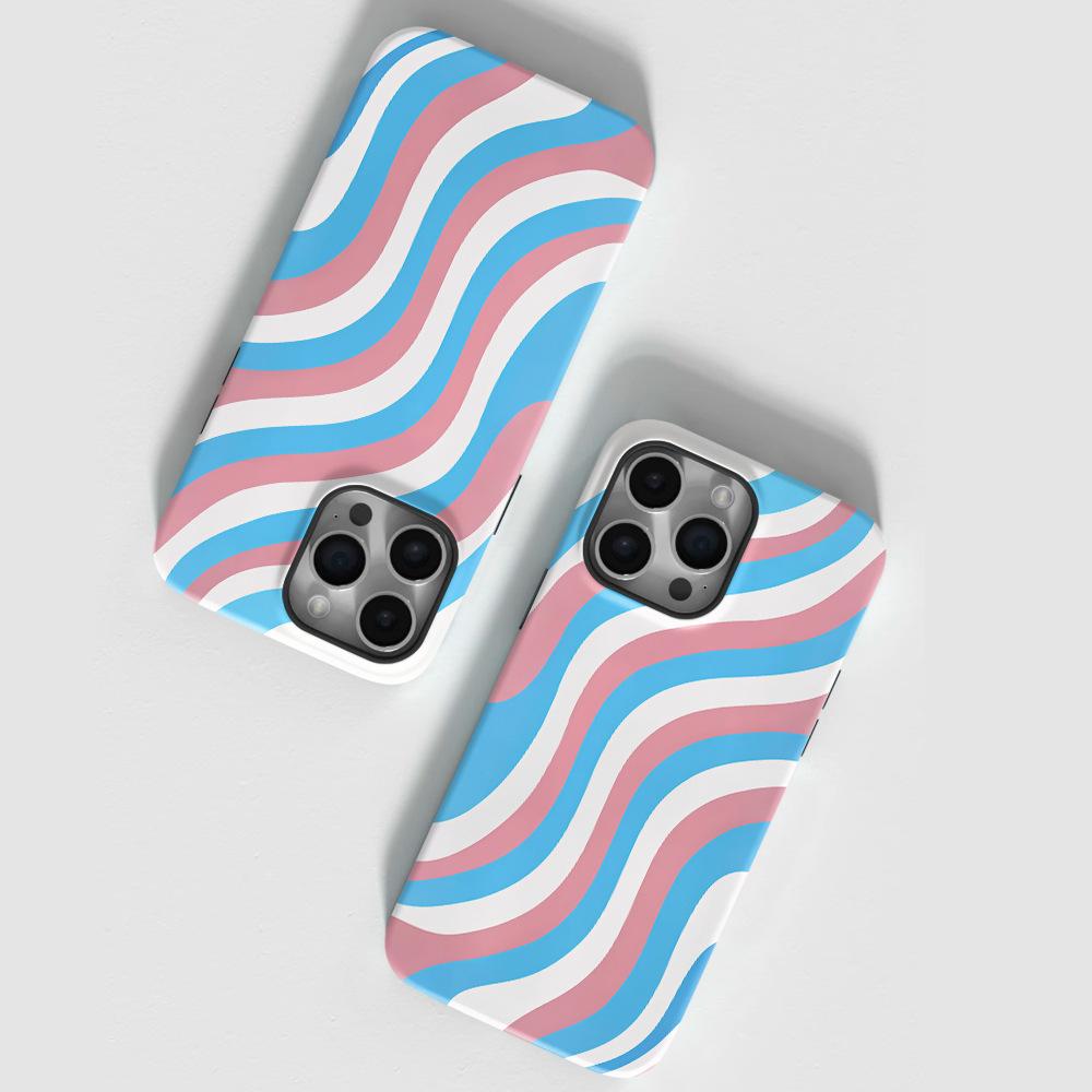 Contrasting stripes are suitable for Apple 13ProMax double-layer film case, pink and blue 17PRO matte mobile phone case 16E.