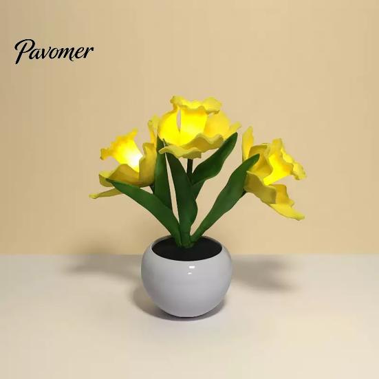 Wedding Centerpiece Table Lamp LED Tulip Flower Lamp, Battery Powered Artificial Night Light with Office Desk Decorative Ornament Ceramic Pot, Floral