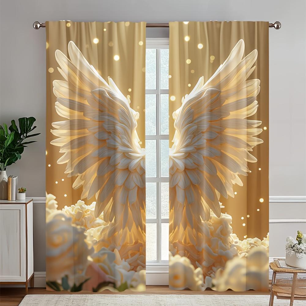 2pcs Gold Angel Wing Door Curtains – Soft Sheer Polyester for Bedroom   Living Room   Office & Caf Decor