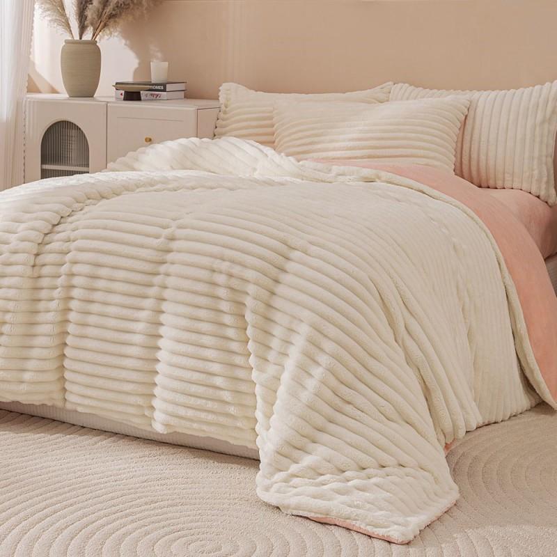 Winter Thick Warm Luxury Solid Striped Milk Fleece Bedding Set