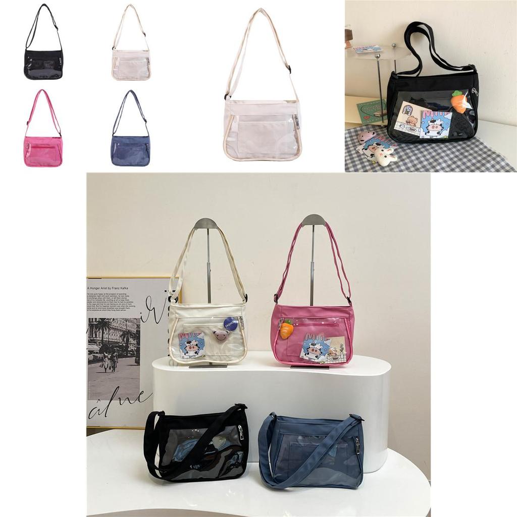 Nylon Square Shoulder Bag With Transparent Compartment For Daily Casual Use