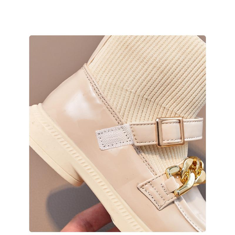 Korean Version of the New Children's Boots British Style Knitted Socks Boots Fashion Chain Foreign Style Princess Leather Boots