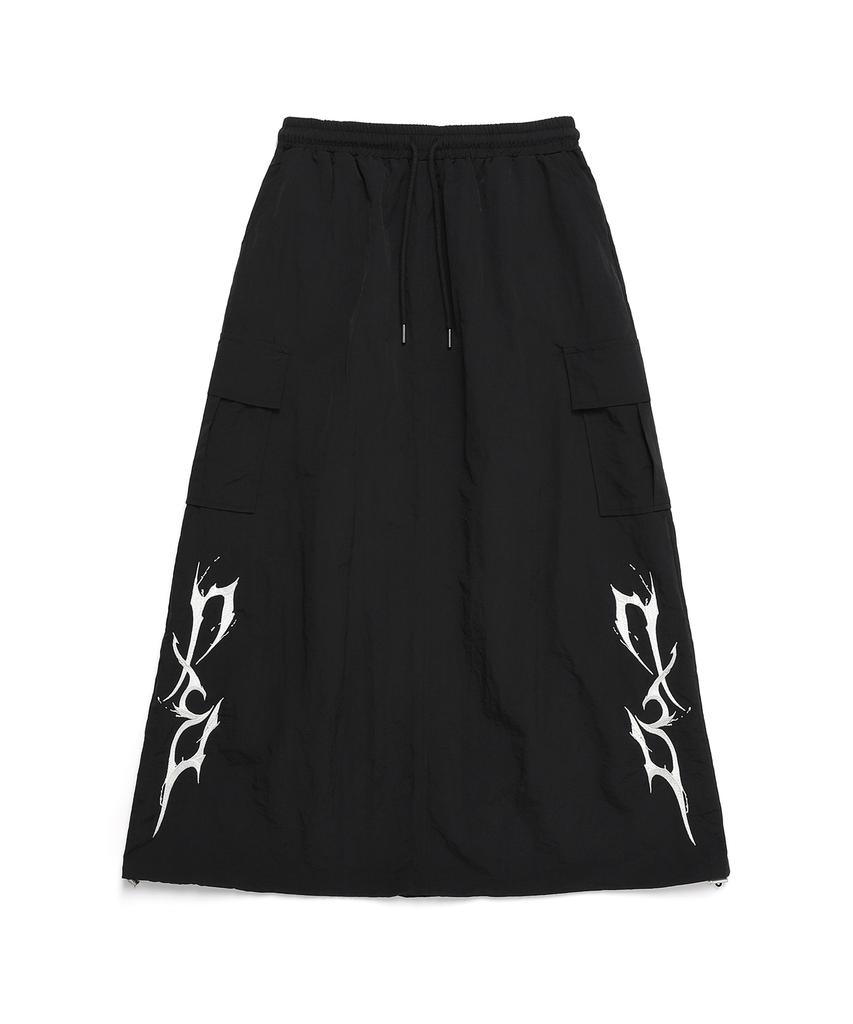 D So H Embroidered Thunder Logo Nylon Long Skirt [ Black ]