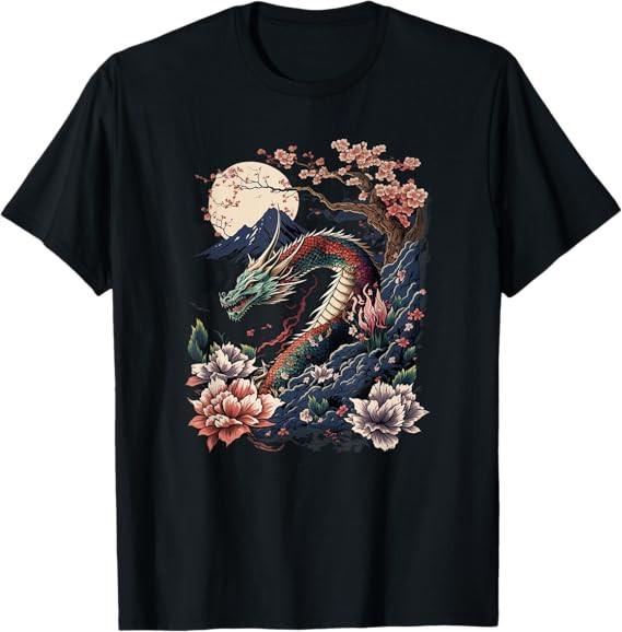 Japanese Dragon with Cherry Blossoms T-Shirt - Black - S to 5XL