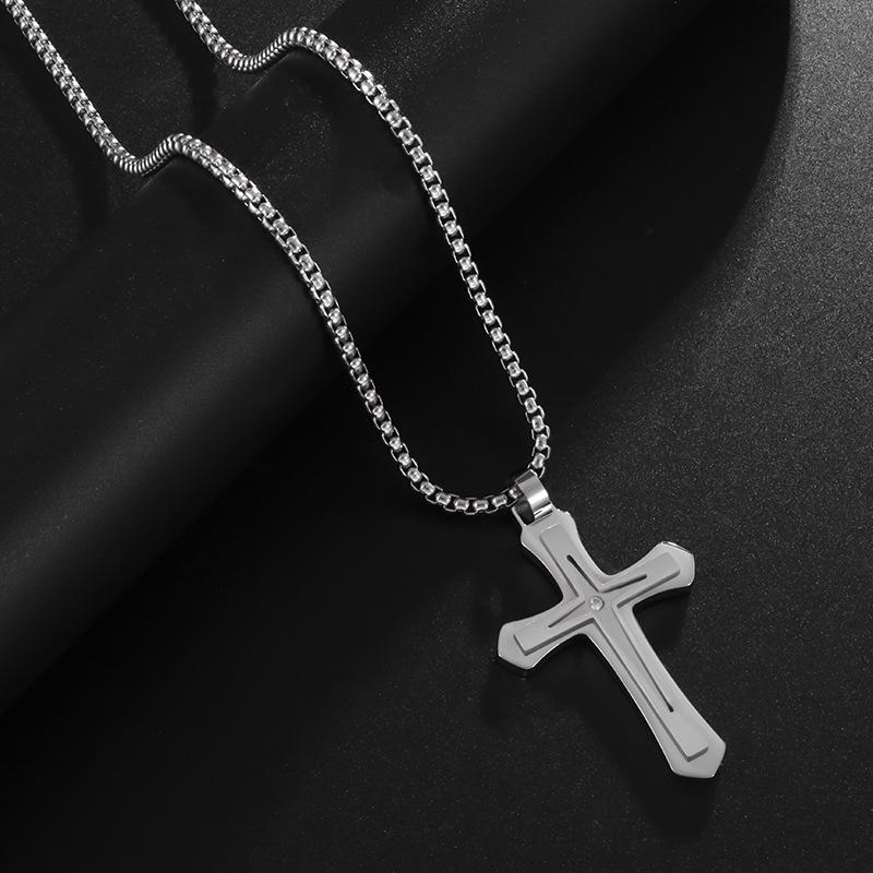 New Style Stainless Steel Two Color Cross Inlaid Zircon Pendant Necklace for Men and Women