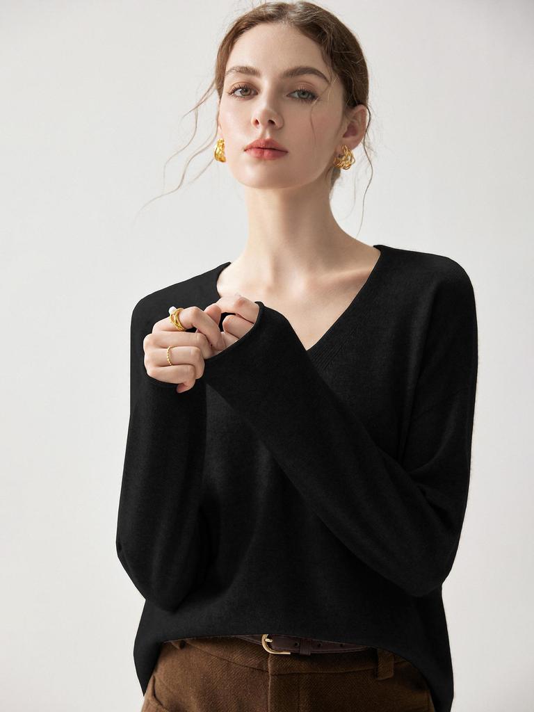 Autumn 2026 Women's Cashmere V-Neck Sweater – Elegant Solid Color, Rolled Hem, Loose Fit, Slimming, Warm Base Layer.