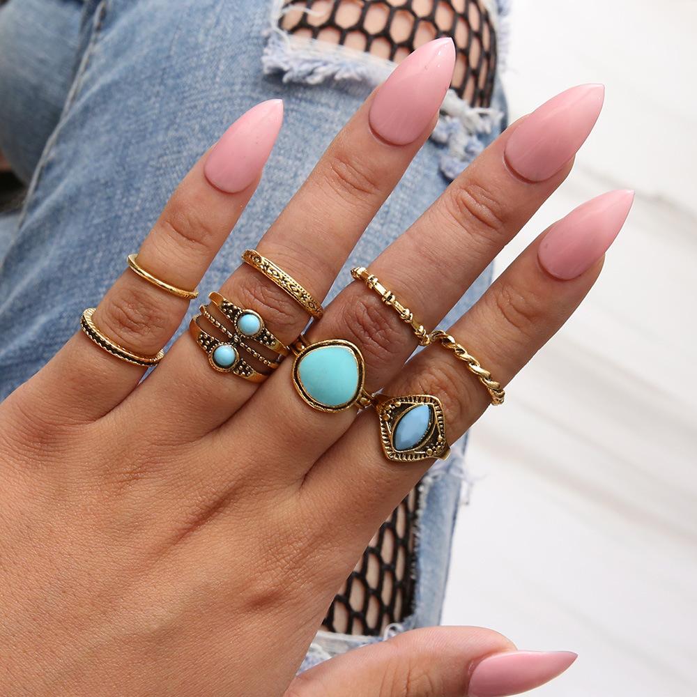 Bohemian Retro Gold Lotus Female Personality Ring Ring 8-Piece Jewelry