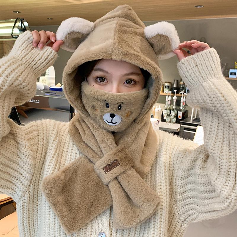 Winter bear ear-protecting hat and scarf combo for women, autumn and winter versatile cute hooded plush warm Korean style trendy