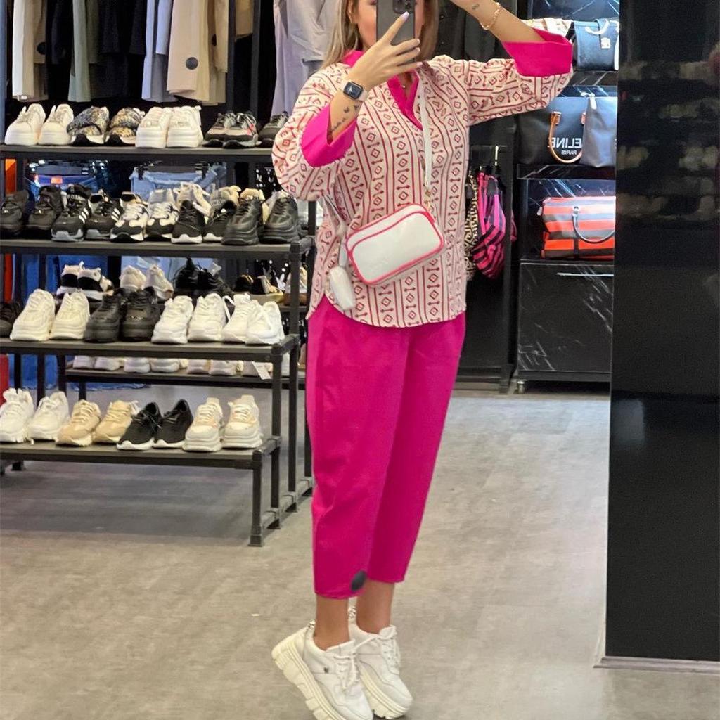 2025 Women's Fashion Set: Cotton Linen Print Top & High Waist Seven-Point Pants with Color Block Patchwork
