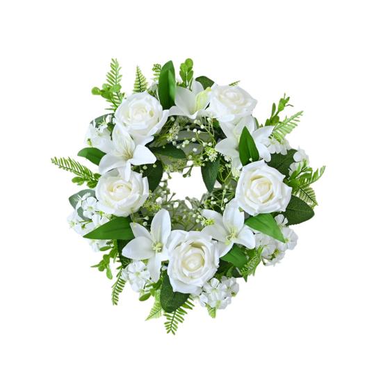 Artificial Floral Wreath for Front Door Realistic Large Rose Lily Flower Wreath with Leaves for Spring Valentine's Mother's Day Wedding Home Decor
