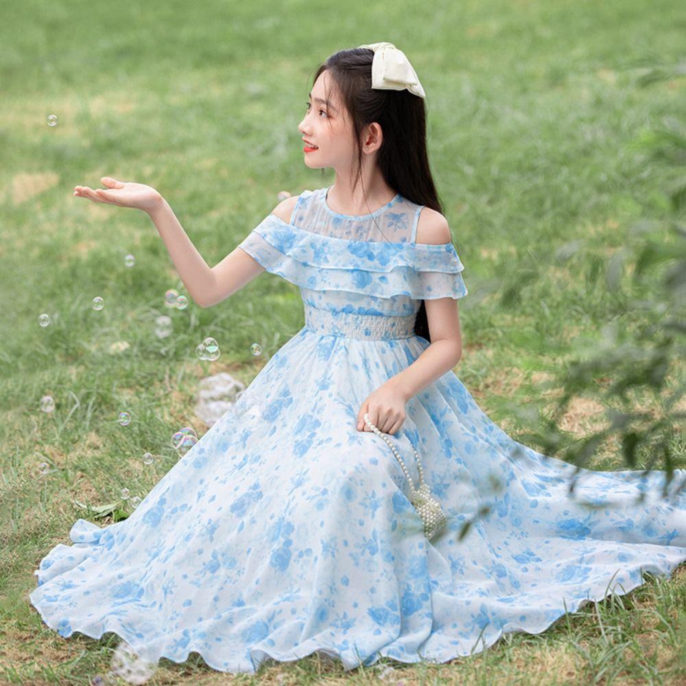 Pleated Girls Chiffon Floral Dress Loose Children Princess Dress Summer Kids Dresses  Holiday