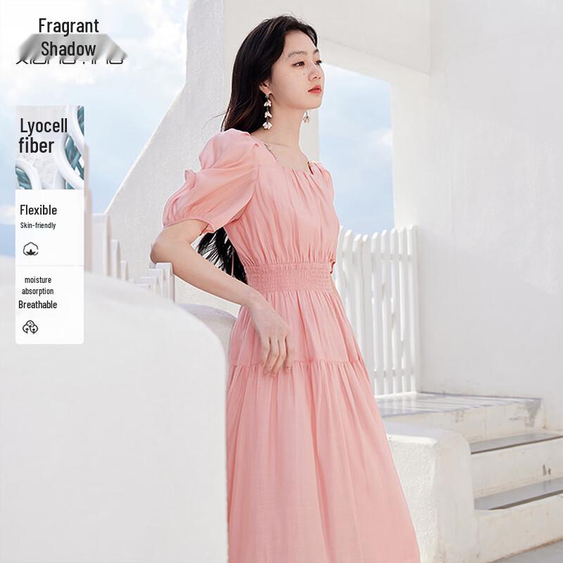 Xiangying Women s 2025 Summer French Square Collar Smocked Waist Dress XL