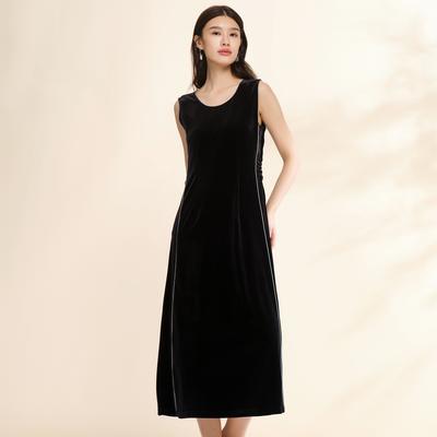 Velwin Spring New Black Round Neck Elegant Sleeveless Velvet Dress for Women