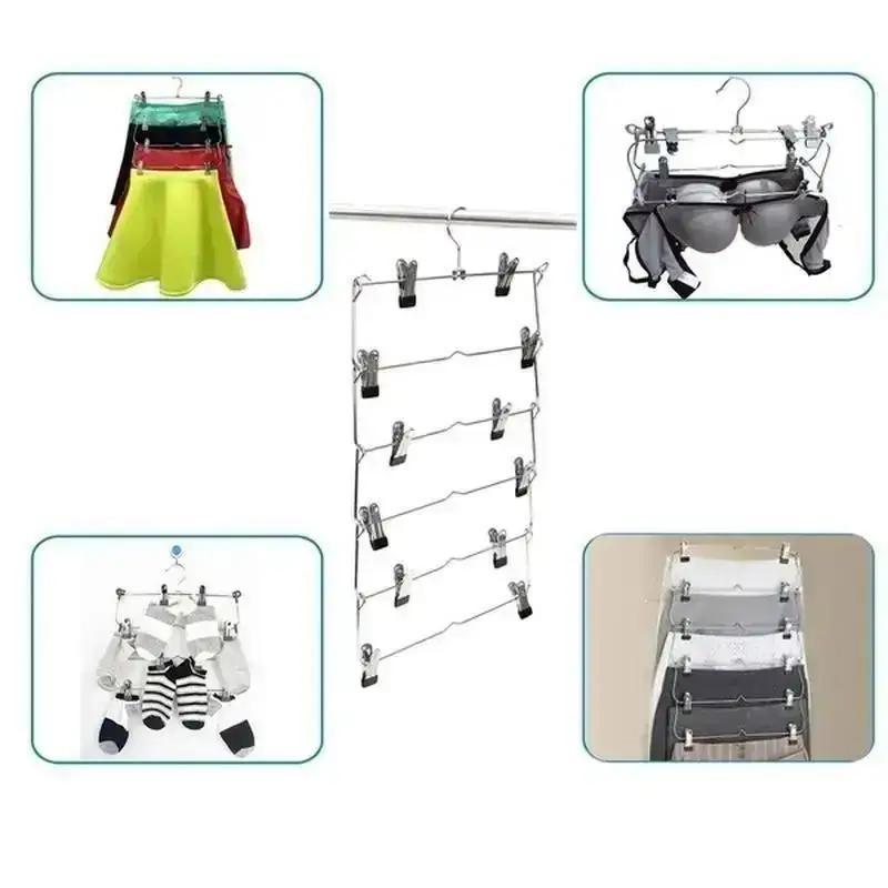 1PCS 6 Layer Clothes Hangers Multilayer Skirt Trouser Hanger For Pants Non Slip Metal Hanger Clips Clothing Storage Rack Holder