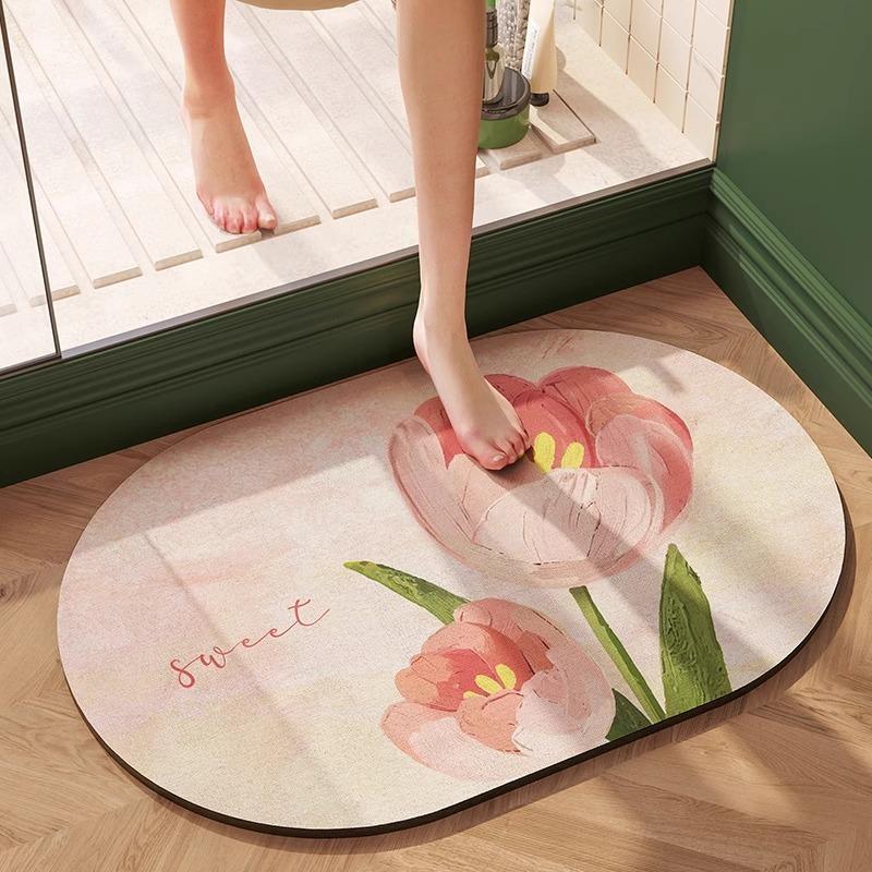 Bathroom Carpet Absorbent Floor Mat Diatom Mud Bath Shower Area Non-slip Mat Plants Flowers Home Decoration Rug for Toilet