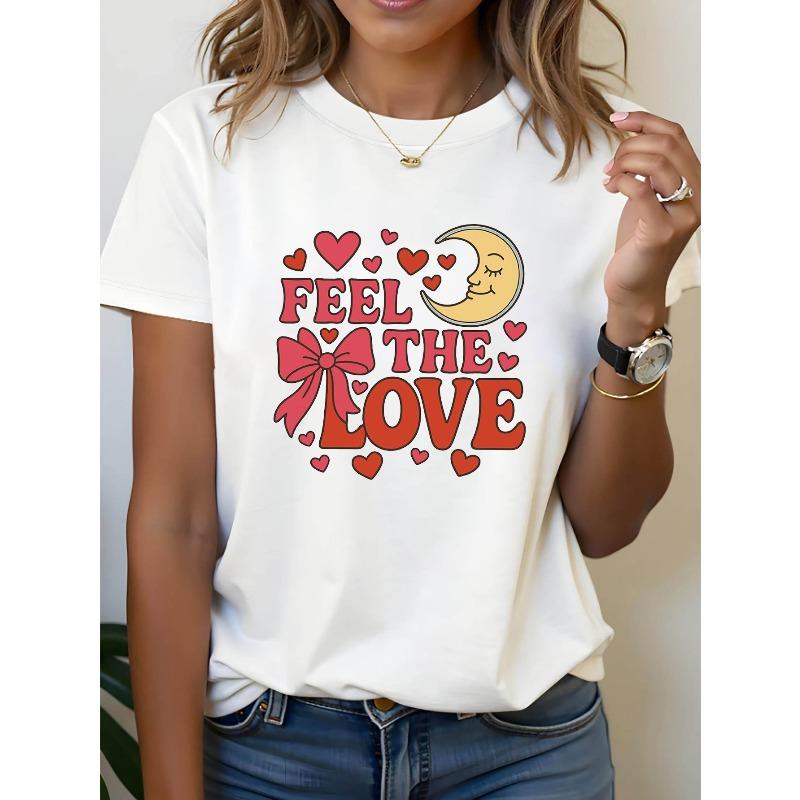 

Plus Size, FEEL THE LOVE Graphic Print Plus Size Women s T-shirt, Short Sleeve Crew Neck Casual Top for Summer & Spring, Women s Clothing S белый