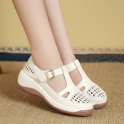 White Bag Head Soft Leather Sandals Women's 2025 New Summer Woven Hollow Thick-soled Wedge Heel Soft-soled Women's Casual Shoes