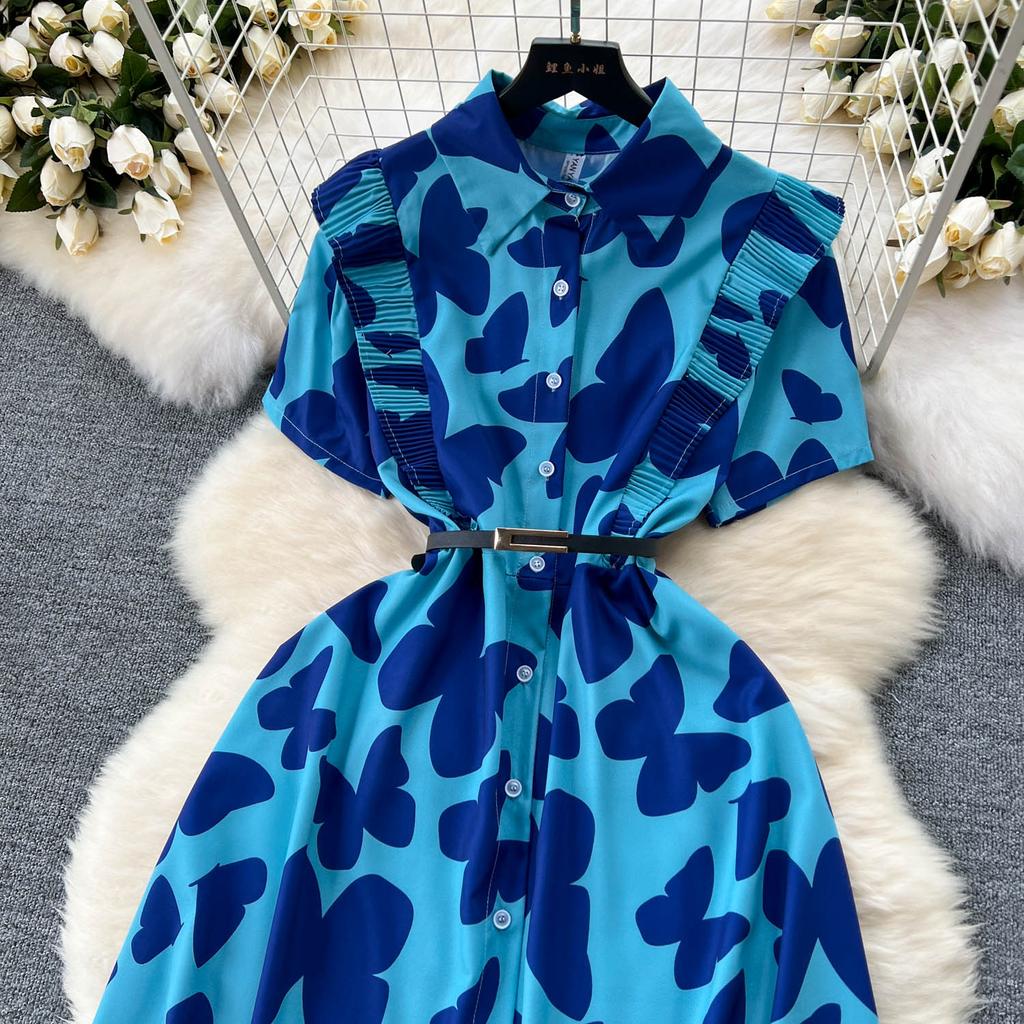 Šik Elegantní Potisk Jedlá Stromová Houba Krátký Rukáv Elegantní Zavinovací Límec Bodycon Šaty Módní Štíhlé Letní Šaty