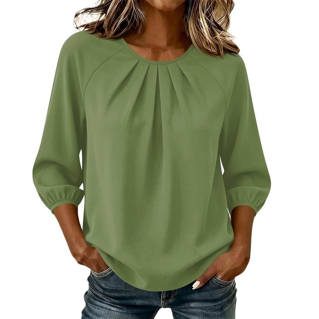 Women's 3/4 Sleeve Round Neck Pleated T-Shirt Top Lightweight Soft Fabric Comfortable Fit Casual Wear