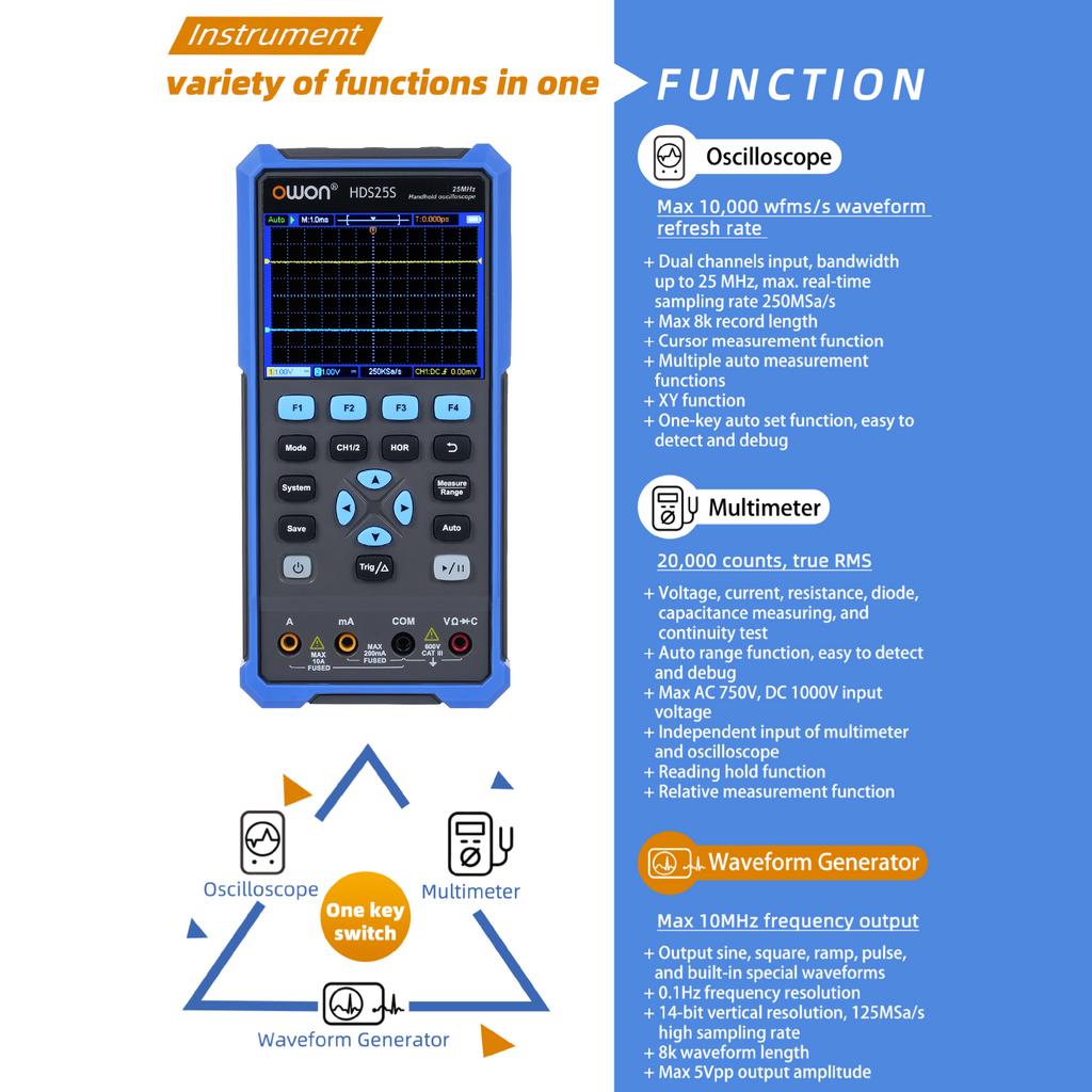3in1 Oscilloscope Multimeter Waveform Generator Multifunctional Multimeter 25MHz Bandwidth 250MSa s(Single Channel),
