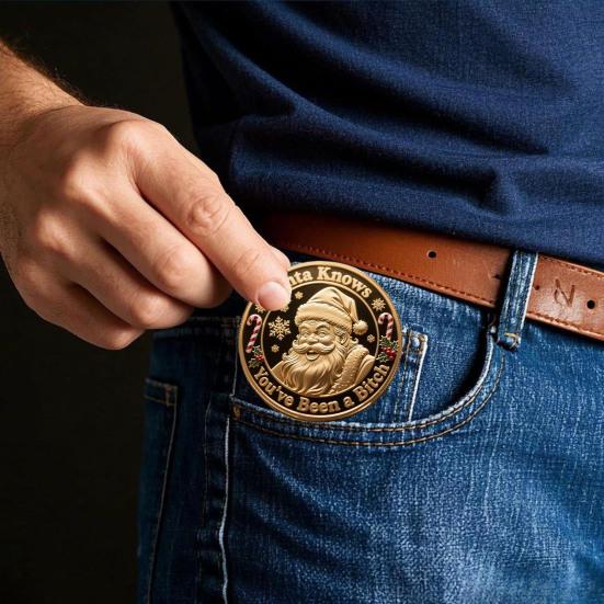 Yousheng Christmas Santa Claus Coin Santa Knows You've Been A Bitch Coin Metal Carving Collectible Coin Decoration Round Keepsake Badge Gag Gift