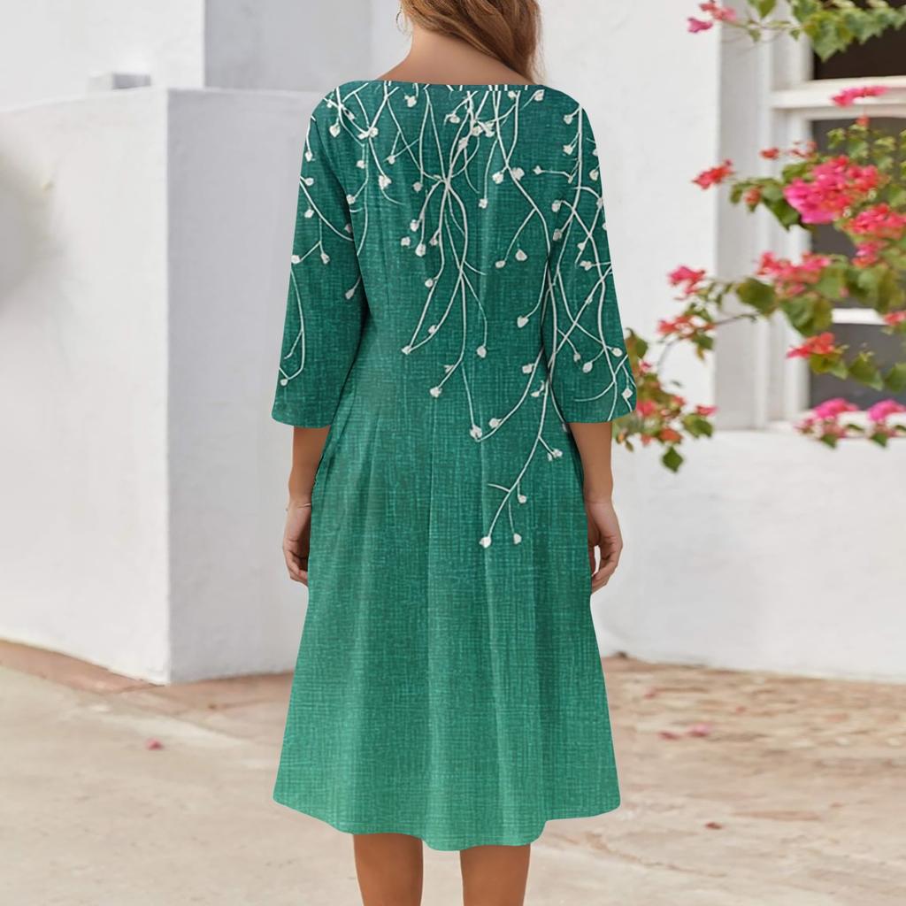 Women's Casual Fashion V Neck Three Quarter Sleeve Print Midi Dress