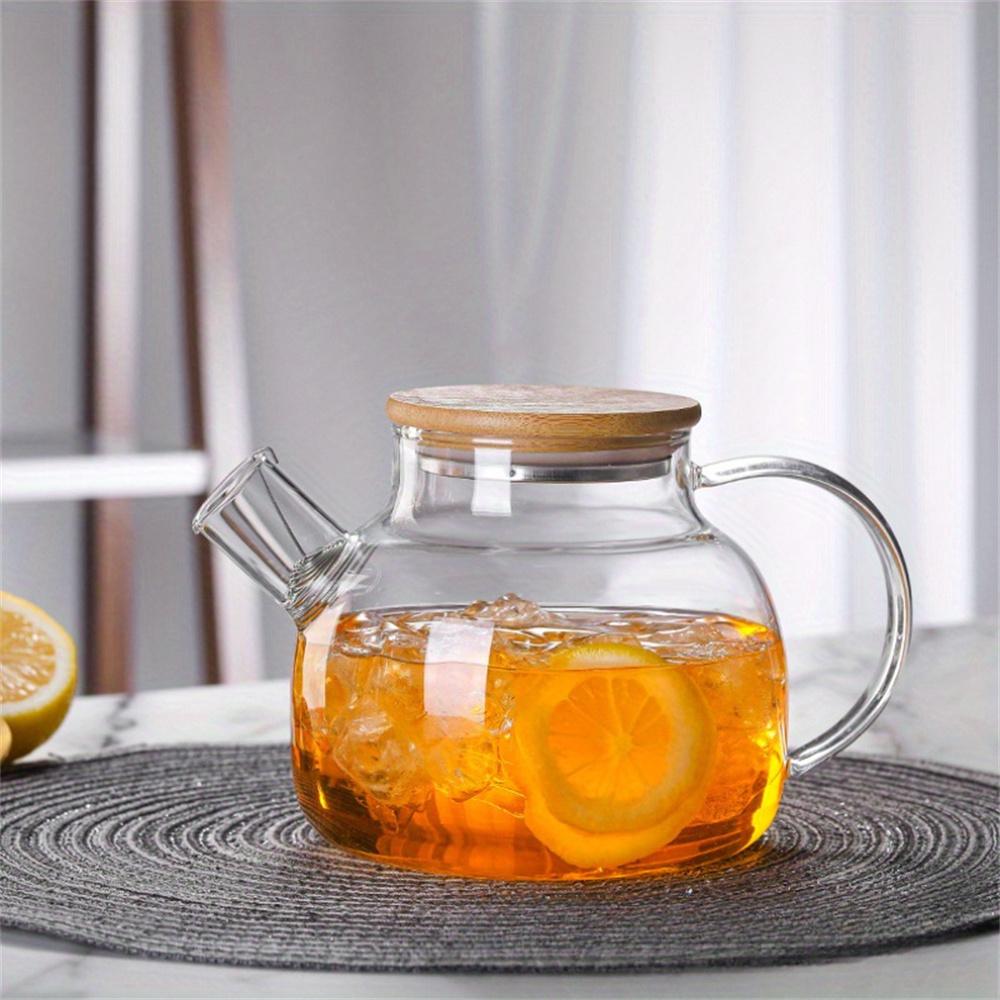 Jarra de Vidrio de Borosilicato Alta para Agua Fría Resistente al Calor 1000ml/1800ml Gran Capacidad Jarra para Té de Frutas con Tapa de Bambú Tetera Transparente