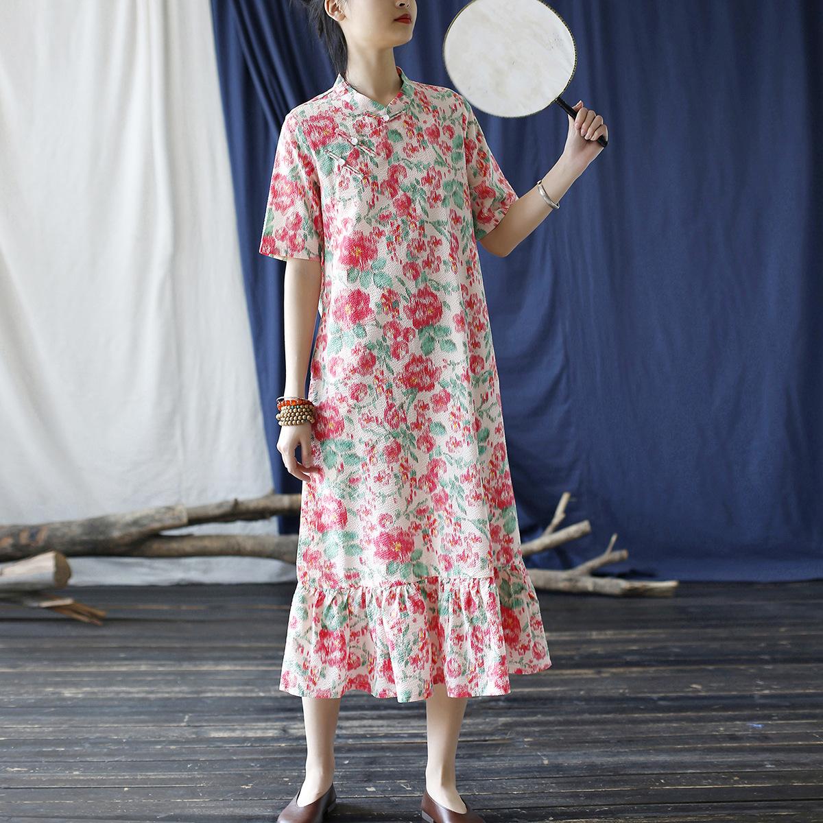 

Johnature женское платье трапециевидной формы в китайском стиле с коротким рукавом и цветочным принтом, летние винтажные хлопковые женские платья One Size красный