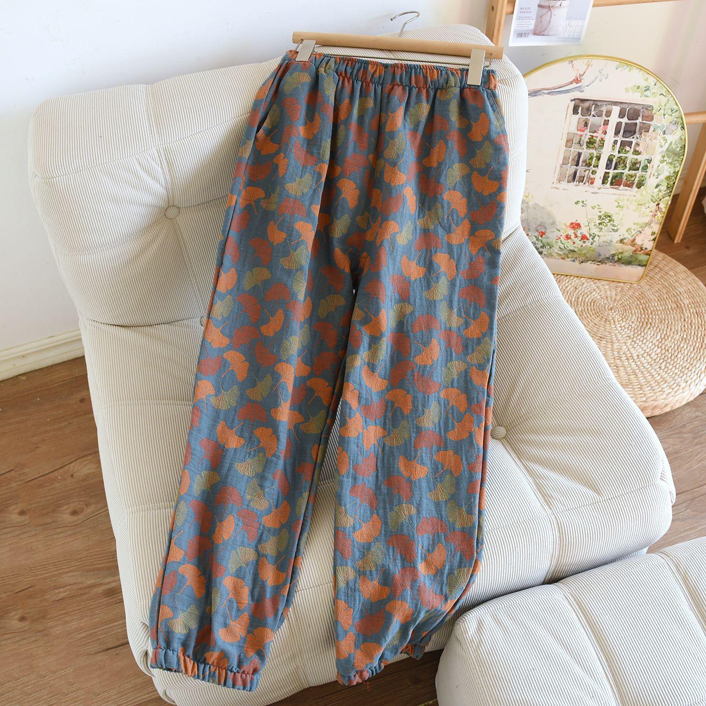 

Spring Summer Women s Pajamas 100% Cotton Crepe Pants Women s Comfortable Loose Large Leaf Home Pants Thin bottoms S