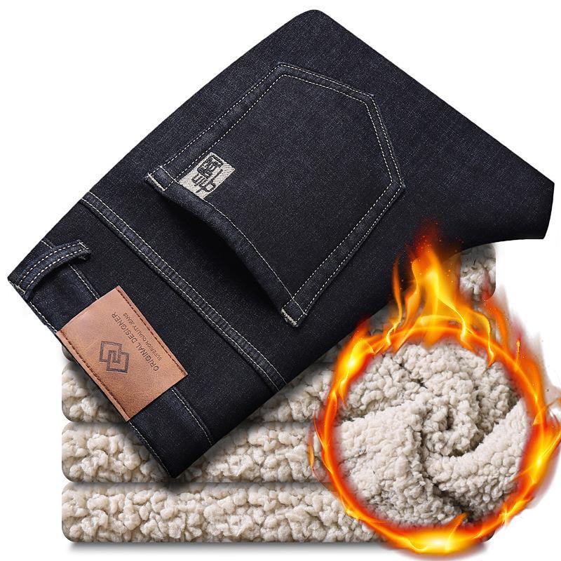 Jeans de lã de cordeiro de inverno com forro de fleece, retos, largos, para negócios, em bolo de cordeiro, térmicos, calças casuais
