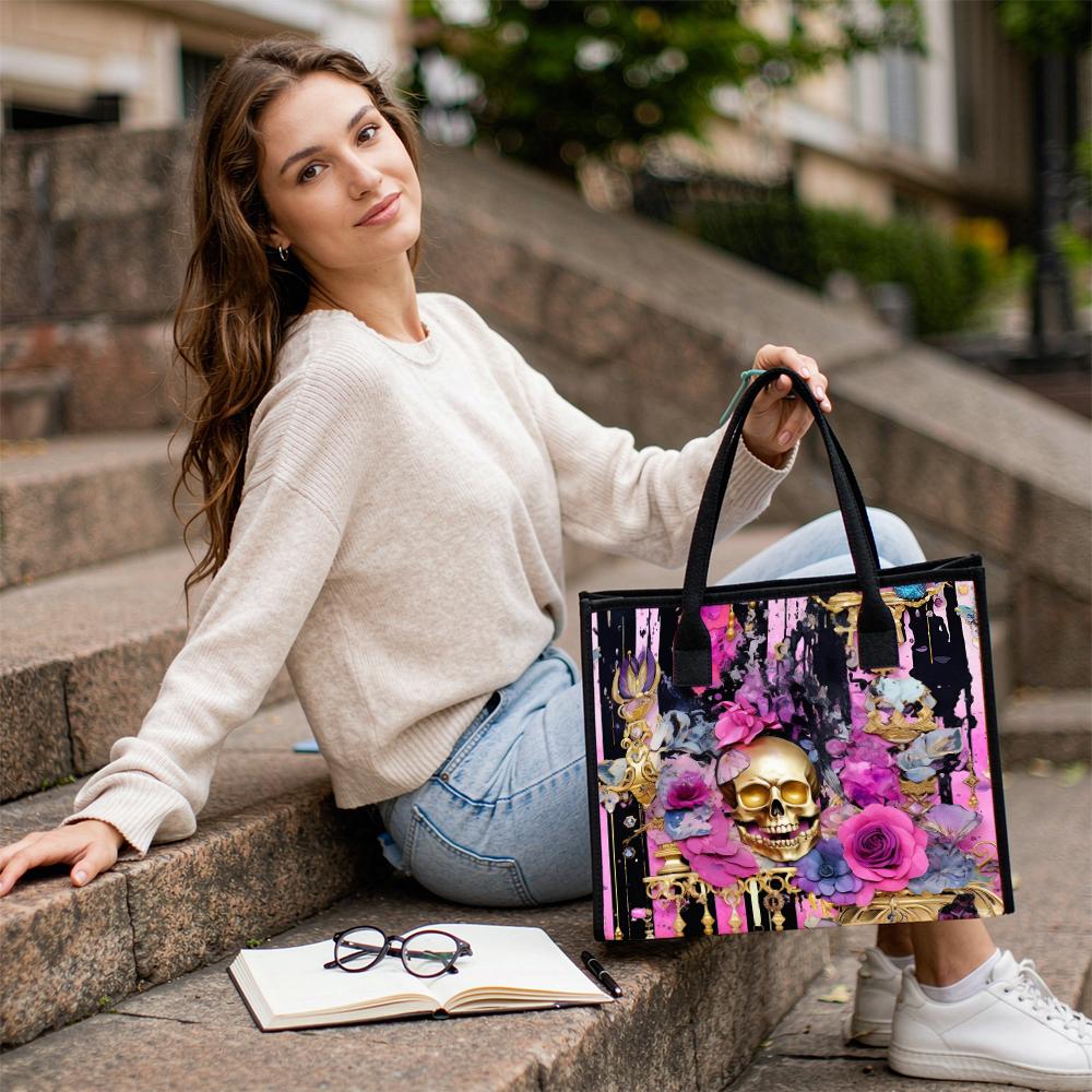 Gothic Floral Skull Tote Bag Fashion Durable Daily Carry Handbag for Women
