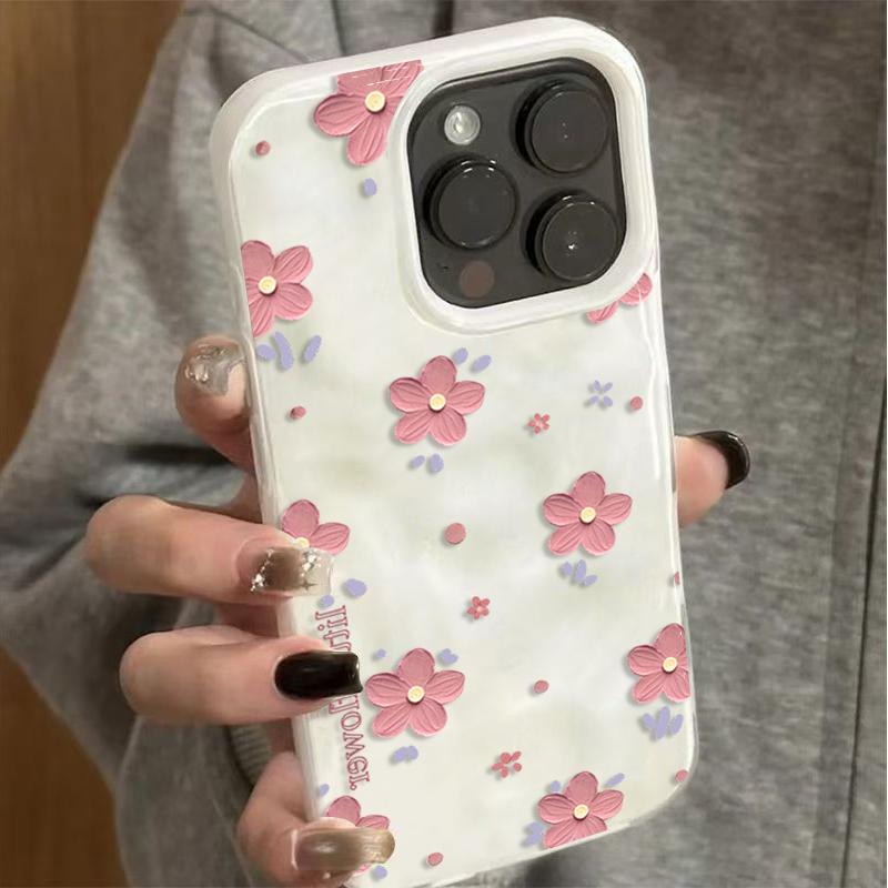 Elegant Pink Flower Phone Case For IPhone 17 Air 16 Plus 15 14 13 12 11 Pro Max Soft Silicone Wave Texture Protective INS Cover