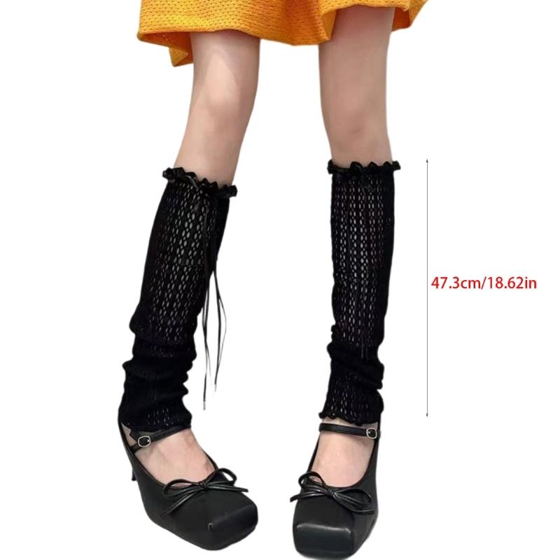 Hollowout Fishnet Lace Leg Warmers Arm Sleeves for Women Aesthetic Sheer Mesh Leg Covers with Ruffle Trim and Bowknot