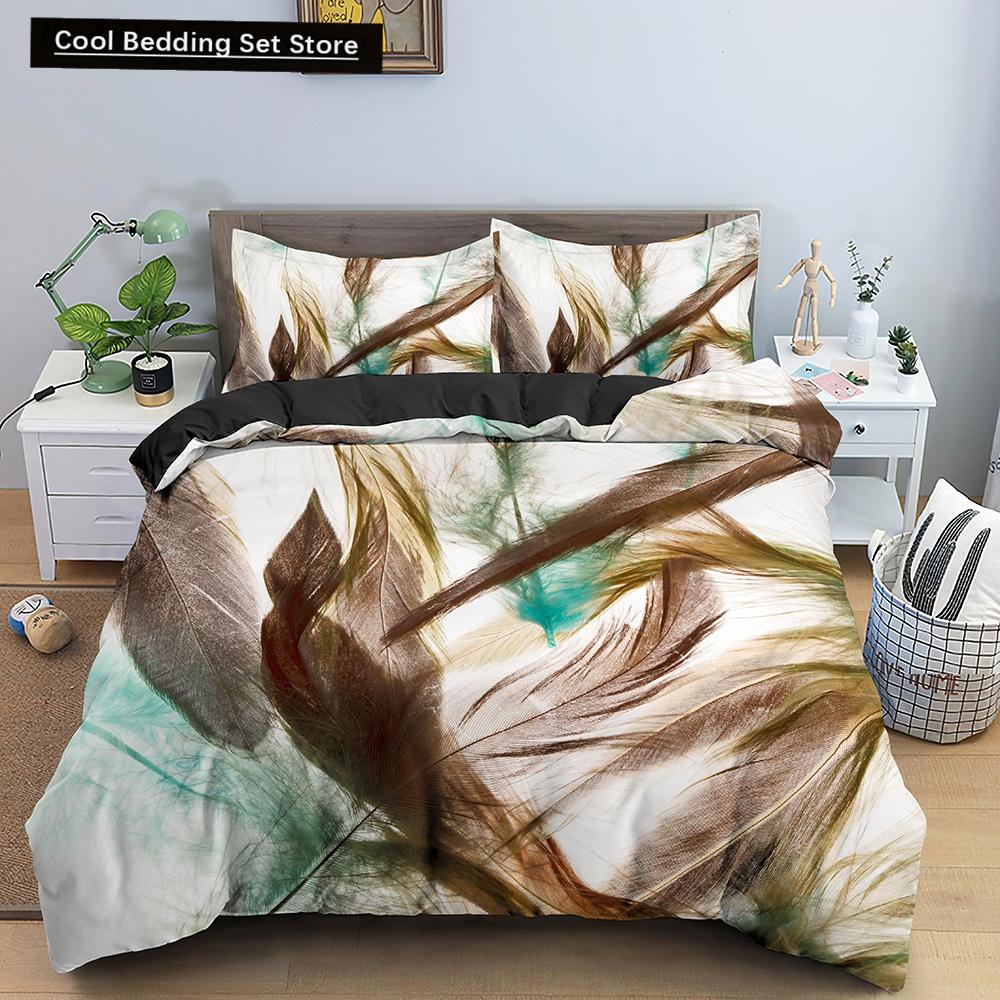 Feathers Duvet Cover Queen/King Size Boho Colorful Bird Feather Bedding Set Tropical Leaves 2/3pcs Polyester Comforter Cover