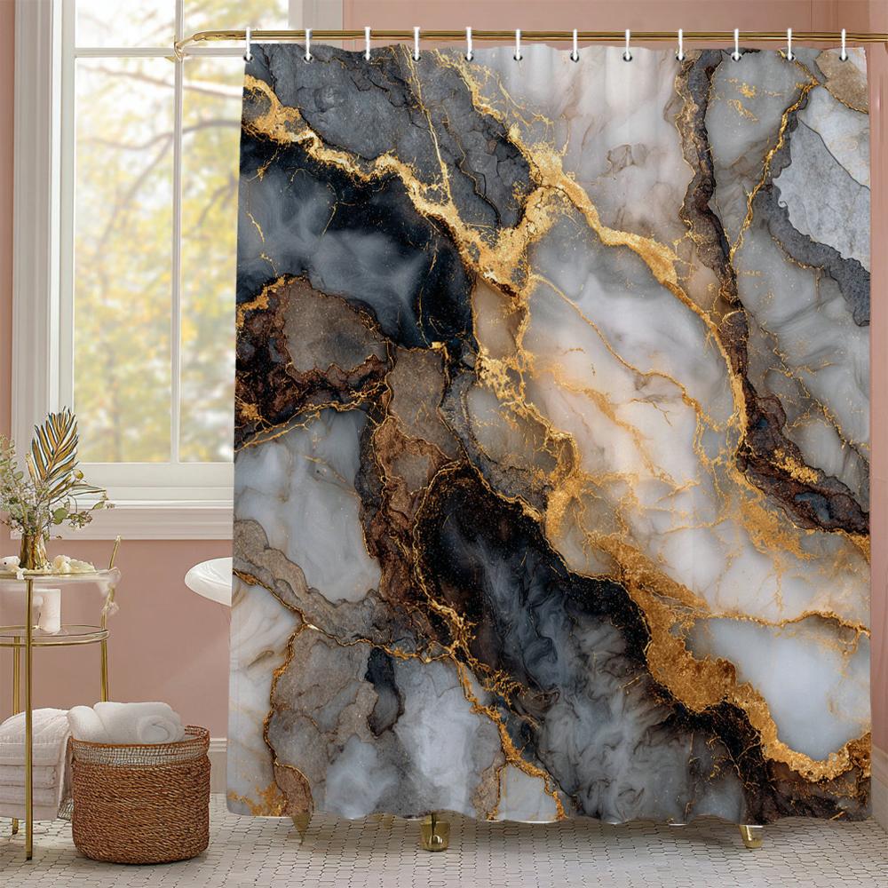 Abstract Ink Black Gold Gray Marbled Shower Curtain, Bathroom Decorative Shower Curtain, Waterproof Shower Curtain With Hooks
