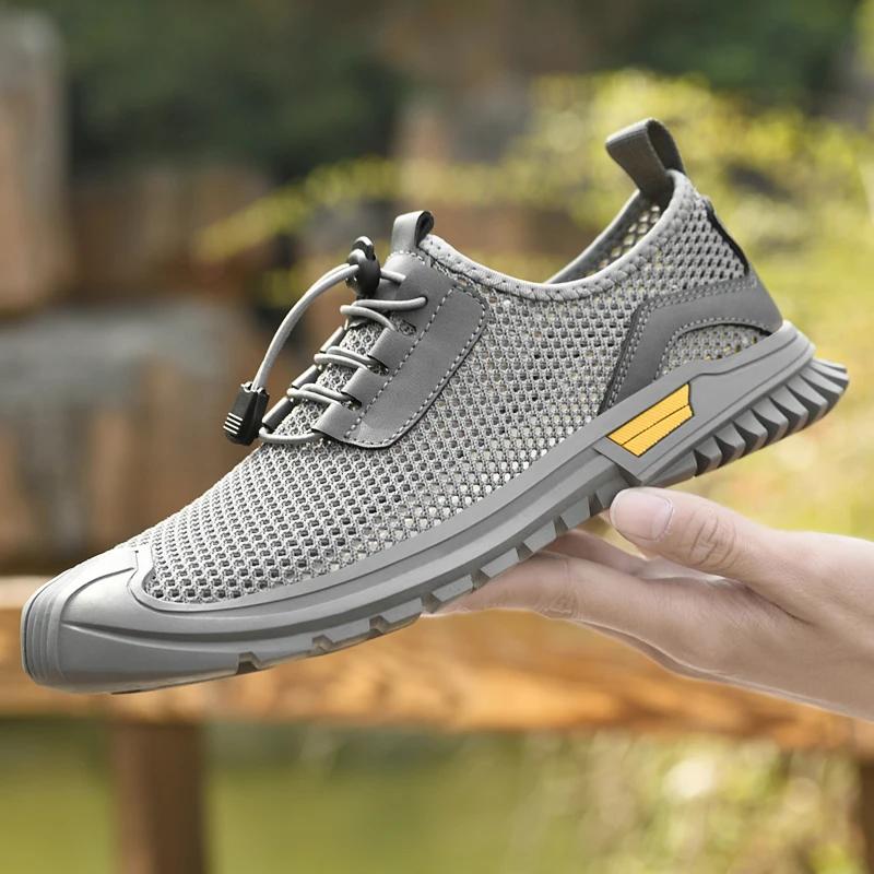 Breathable Mens Shoes Non-slip Rubber Summer Sports Mesh Shoes Outdoor Walking Sports Sneakers Lace-up Casual Trekking Footwear