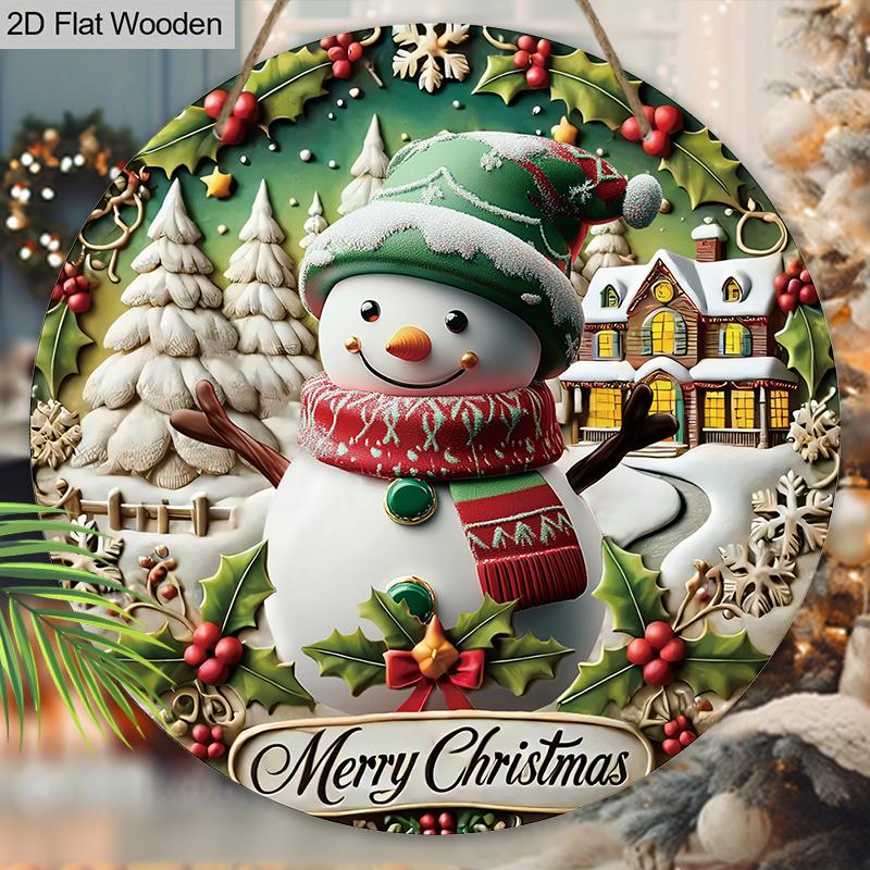 Weihnachts-Holzschild mit entzückendem Schneemannmuster - Frohe Weihnachten Rundes Schild für Haustür, Wandbehang-Dekor - Ideale Weihnachtsdekoration