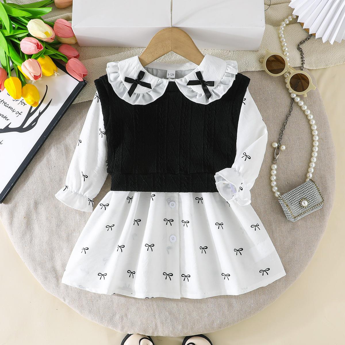 

Комплект из двух предметов: черно-белое платье для девочек с бантом, воротником-стойкой, длинными рукавами, А-силуэтом и воротником-стойкой. 6-9M чёрный