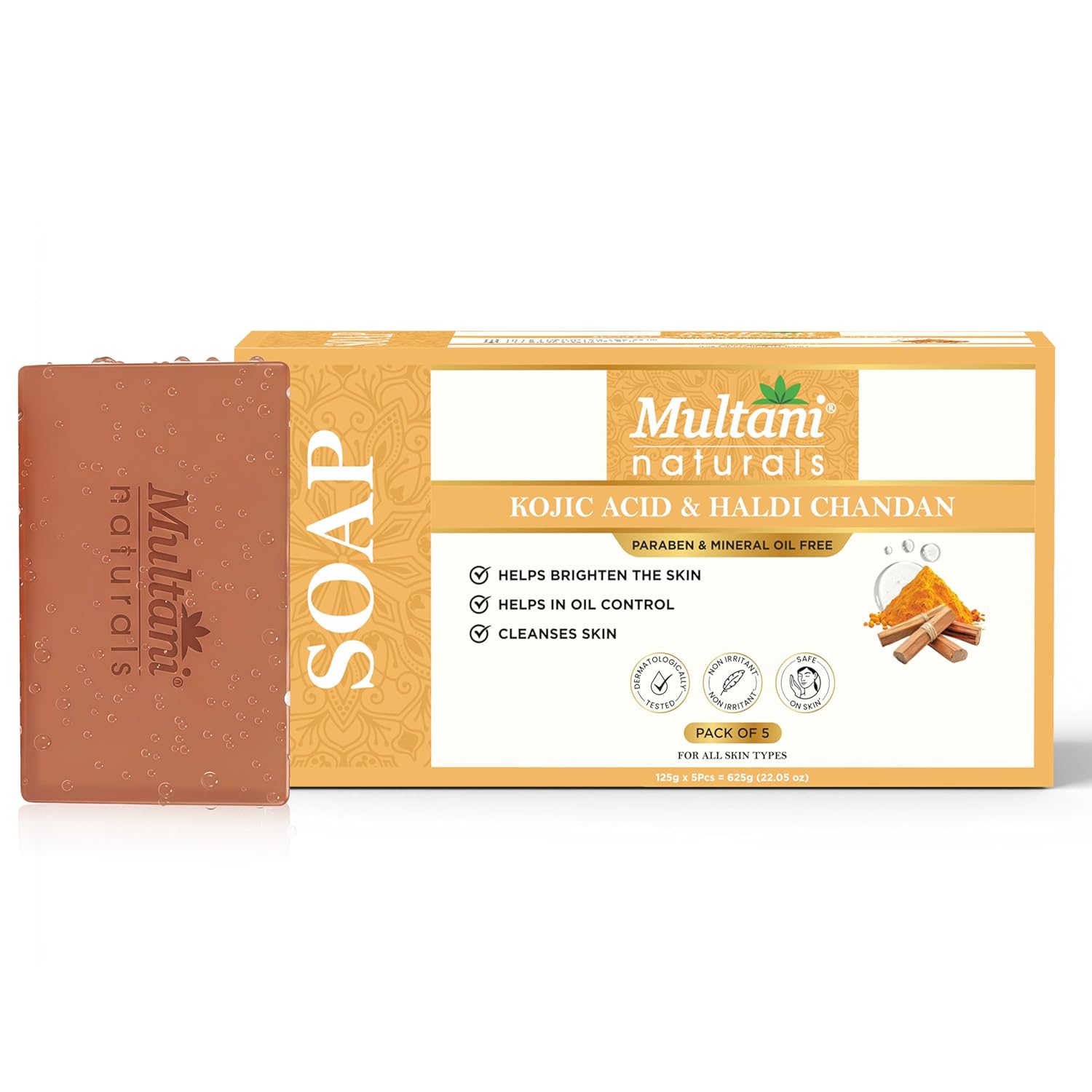 

Multani Kojic Acid Haldi Chandan Soap Bar Pack Of 5 Pcs 125 g Brightening Skin Bath Soap For Men Women Set