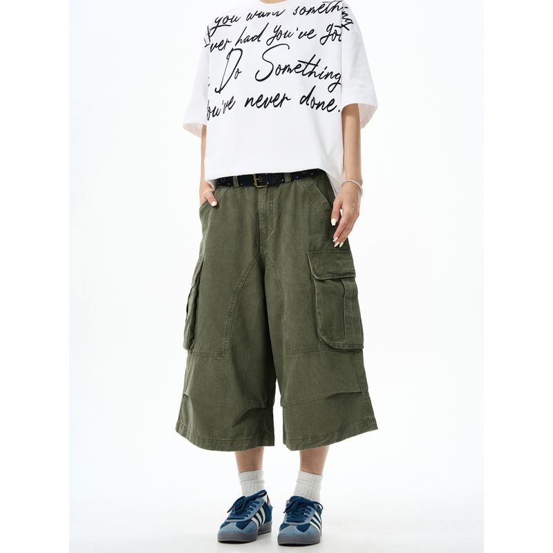Kisko American Retro Washed Vintage Multi-Pocket Wide-Leg Cargo Pants for Men and Women, Summer Loose Straight-Leg Cropped Pants