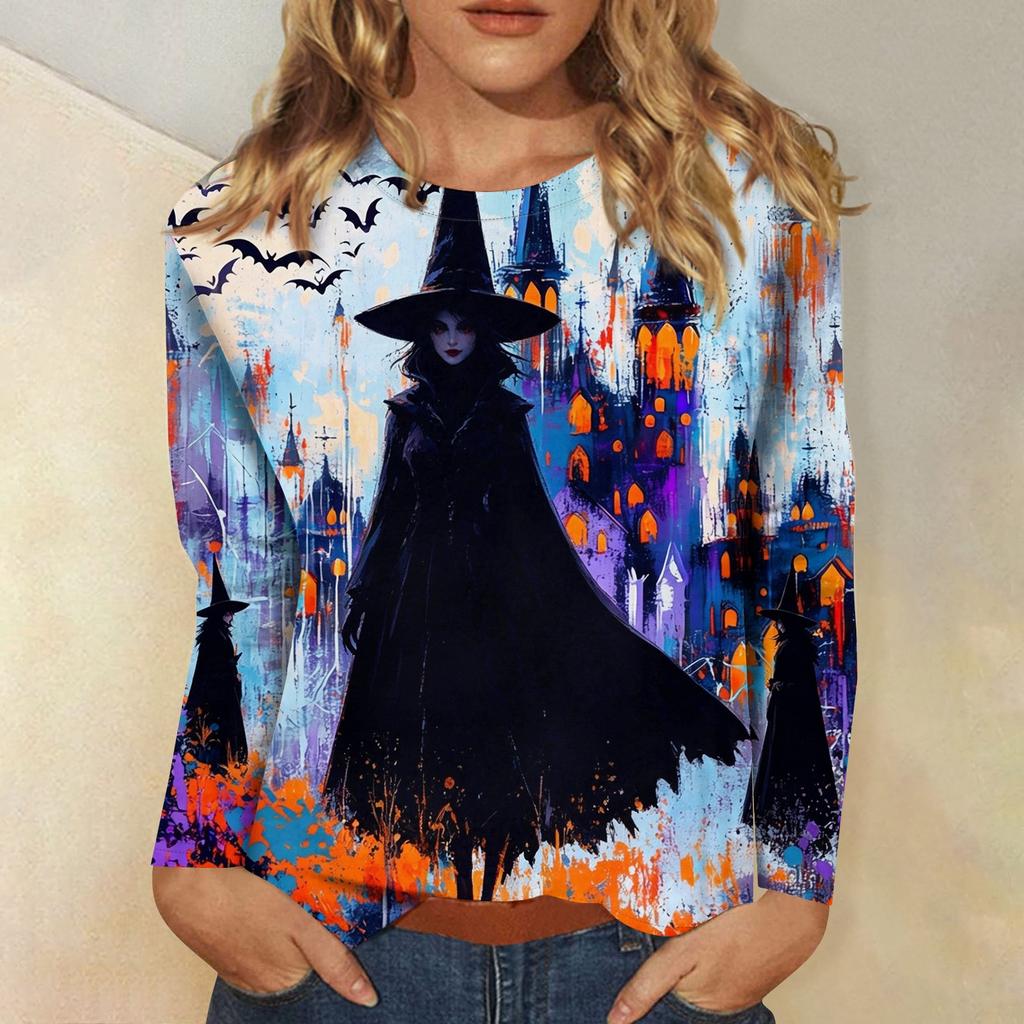 Women's Long-sleeved Loose-necked Halloween Print Casual Top, Suitable for Holiday Parties