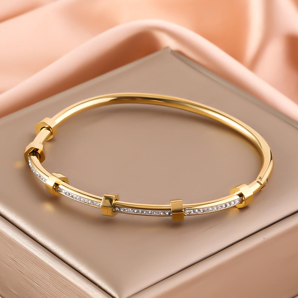 Trendy Round Cubic Zirconia Bangles For Women Men Gold Color copper Color Stainless Steel Crystal Bangle Party Zircon