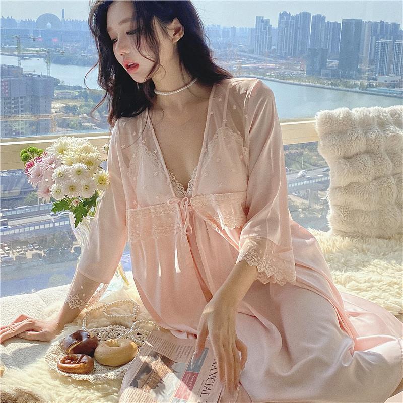 Frühling und Sommer 24 neues Damen-Eisseiden-Träger-Nachthemd zweiteilige Loungewear sexy durchsichtiges Netz-Pyjama