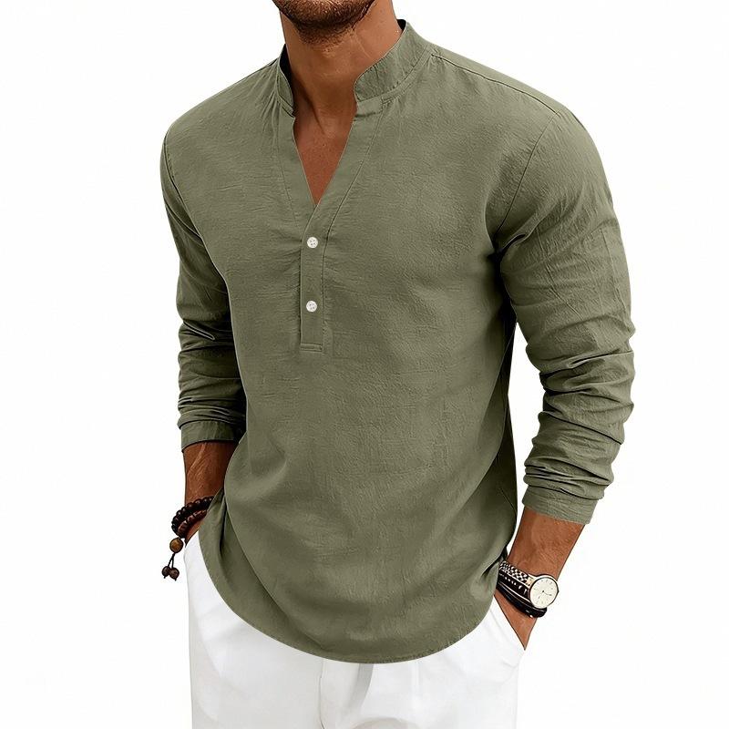 Nueva Colección de Lino de Otoño: Camisa Henley Casual para Hombre, de Corte Holgado y Transpirable, con Cuello en V