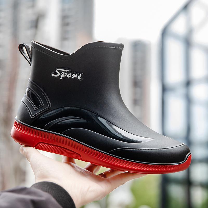 

Флисовые дождевые ботинки мужские модные новые короткие нескользящие теплые резиновые сапоги короткие водные ботинки рабочие уличные резиновые ботинки 44 красный