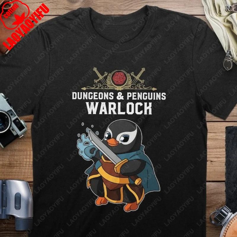 

Dungeons and Penguins Футболка Чернокнижника Вдохновленная DND Подарок для Фанатов DD Мужские Женские Хлопковые Топы Настольные Игры Кости D20 RPG Драконы Игроки Футболки S