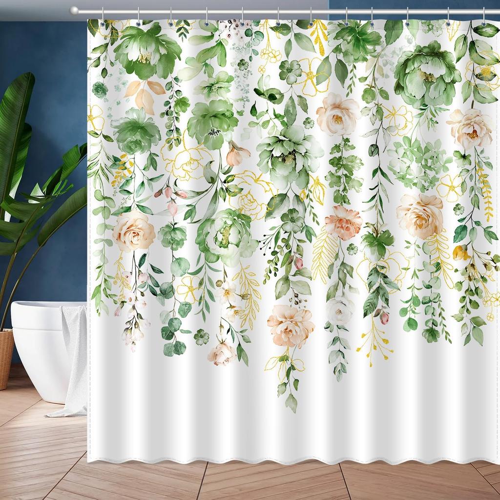 Aquarell Rose Blumig Blatt Duschvorhang, Blume Botanisch Blätter Modern Ästhetisch Kunst Badezimmer Dekor, Polyester Stoff Bad